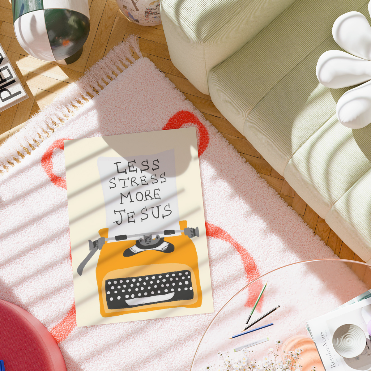 Less Stress More Jesus Print – Christian Wall Art with Retro Typewriter
