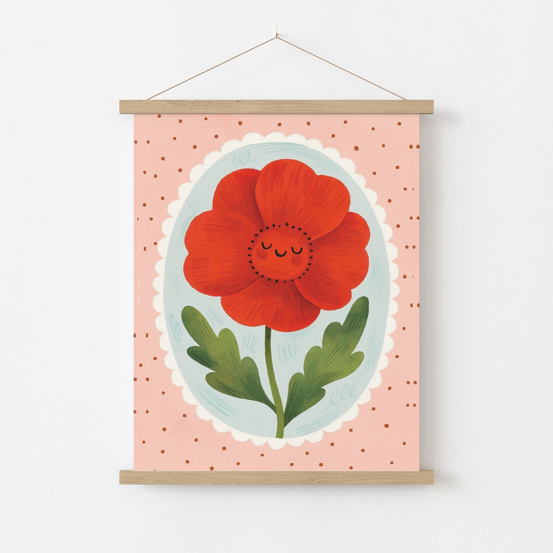 Smiling Red Flower Nursery Print - Cute Botanical Wall Art, Colorful Kids Decor