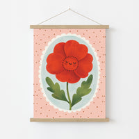 Smiling Red Flower Nursery Print - Cute Botanical Wall Art, Colorful Kids Decor