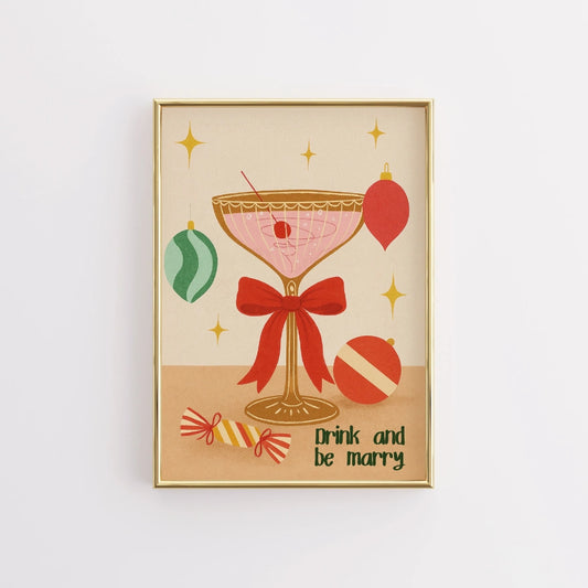 Drink and Be Merry Wall Art – Retro Christmas Cocktail Print