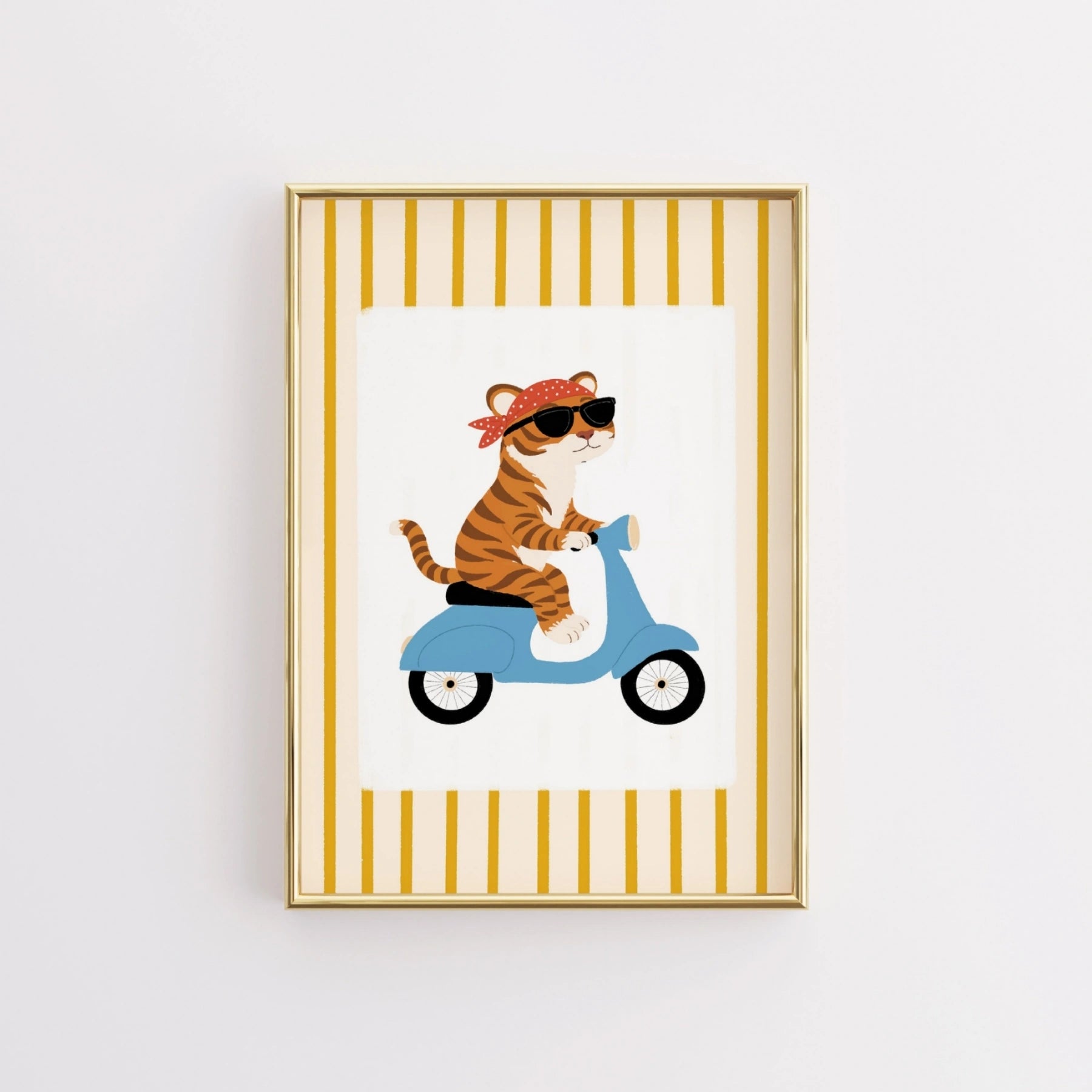 Stampa da parete per cameretta con tigre sullo scooter