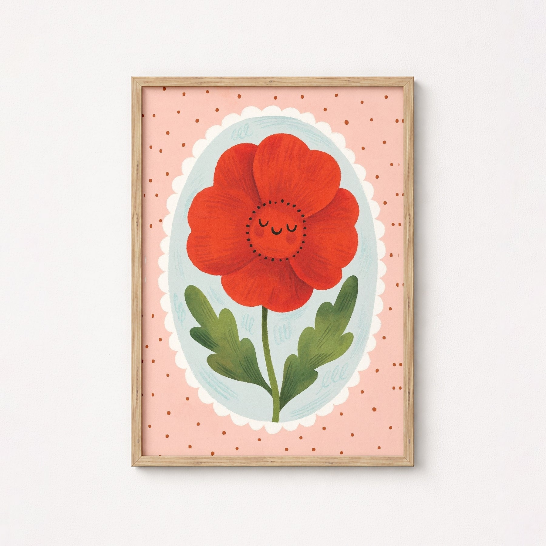 Smiling Red Flower Nursery Print - Cute Botanical Wall Art, Colorful Kids Decor