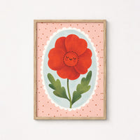 Smiling Red Flower Nursery Print - Cute Botanical Wall Art, Colorful Kids Decor