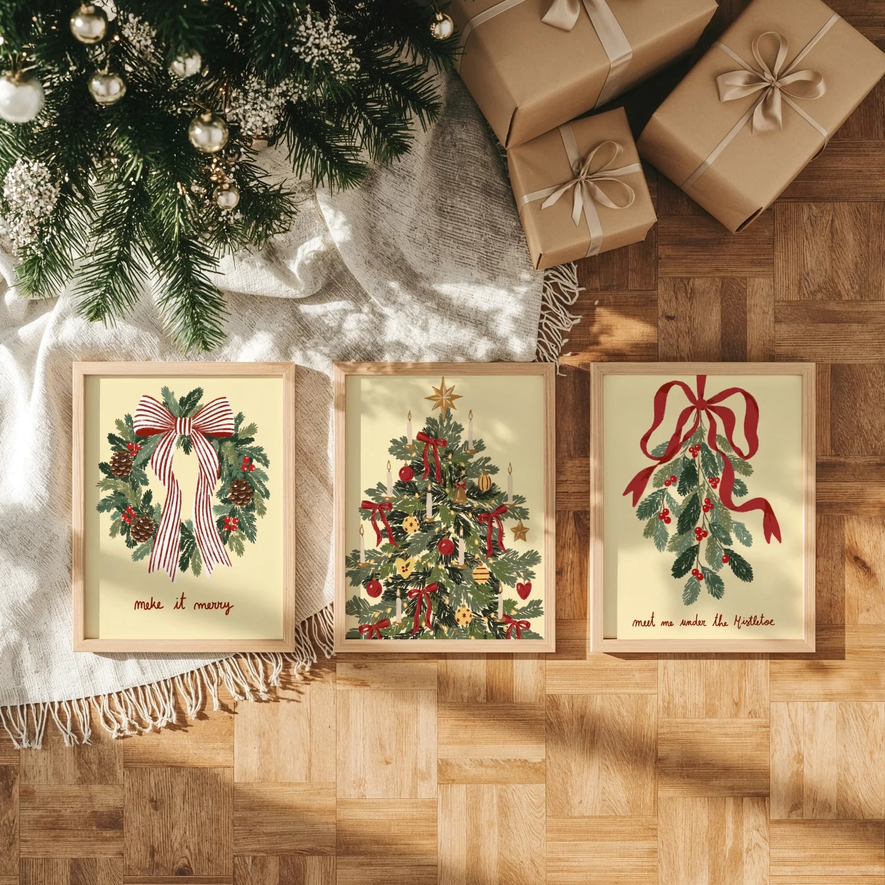Sapin de Noël, couronne et gui vintage – Lot de 3 affiches de Noël