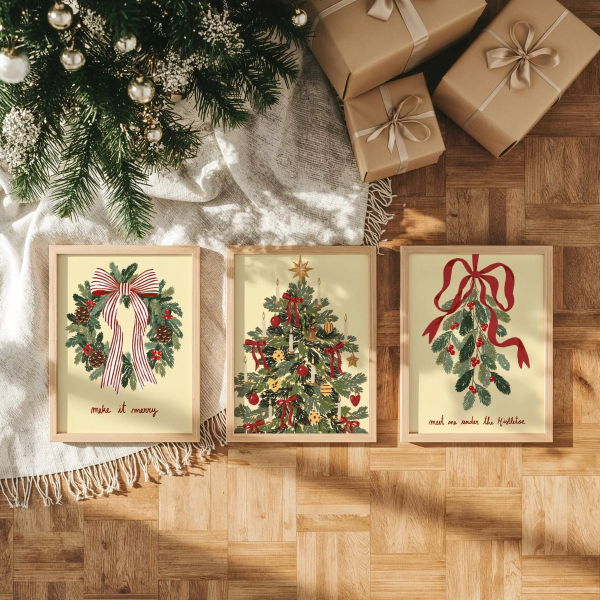 Vintage Christmas Tree, Wreath & Mistletoe – Christmas Wall Art Set of 3