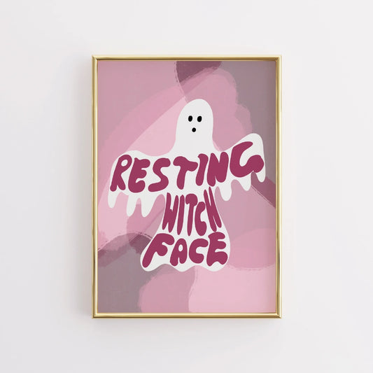 Resting Witch Face Print – Pink Ghost Halloween Wall Art