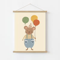 Mouse with Balloons Nursery Print, Colorful Kids Decor