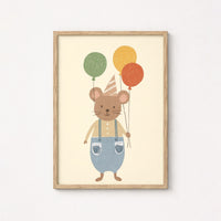 Mouse with Balloons Nursery Print, Colorful Kids Decor