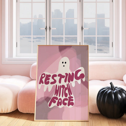 Resting Witch Face Print – Pink Ghost Halloween Wall Art
