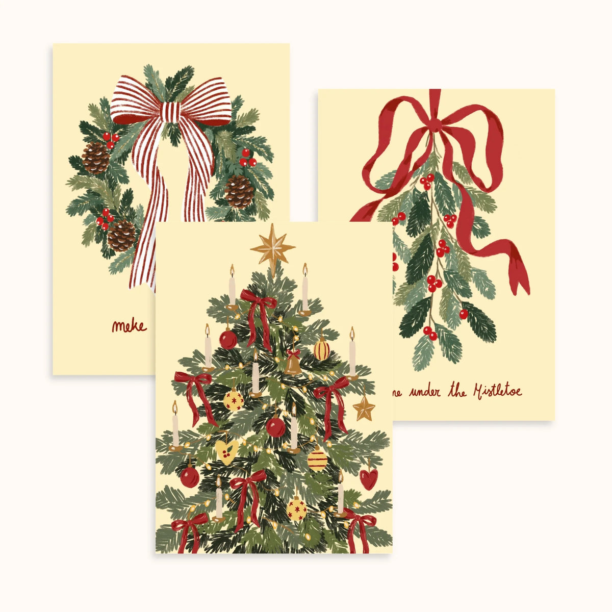 Vintage Christmas Tree, Wreath & Mistletoe – Christmas Wall Art Set of 3