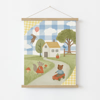 Whimsical Animal Village Nursery Print - Cute Bear and Bunny Kids Wall Art