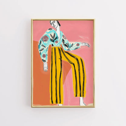 Striped Energy Boho Wall Art – Expressive Fashion Illustration
