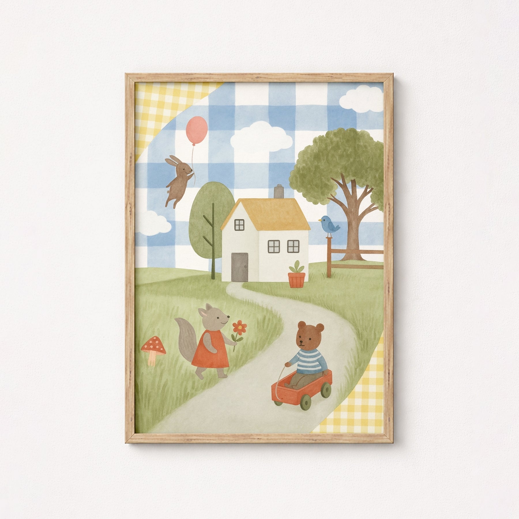 Whimsical Animal Village Nursery Print - Cute Bear and Bunny Kids Wall Art