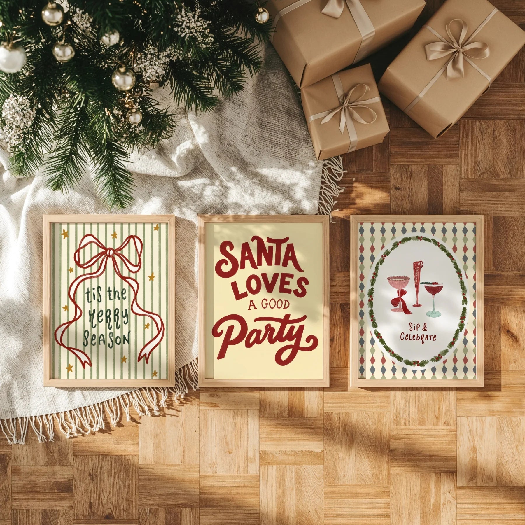 Fête de Noël rétro – Lot de 3 affiches de Noël