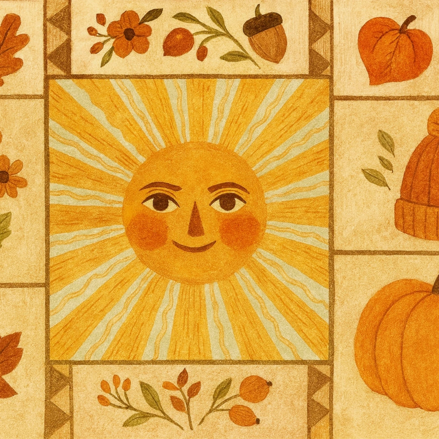 Arte mural popular con sol otoñal: impresión acogedora de la cosecha otoñal