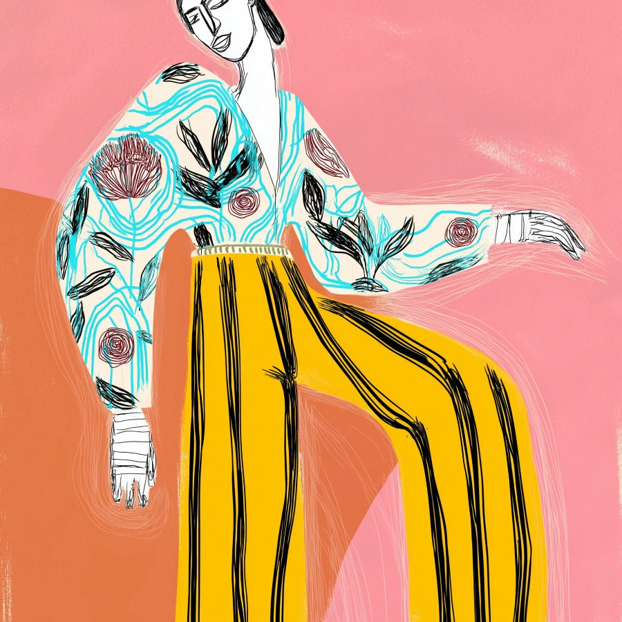 Striped Energy Boho Wall Art – Expressive Fashion Illustration