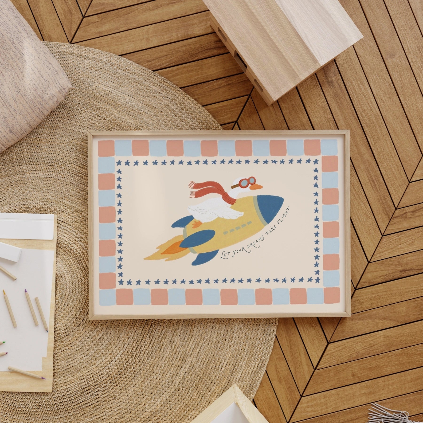 Stampa con coniglietto su razzo