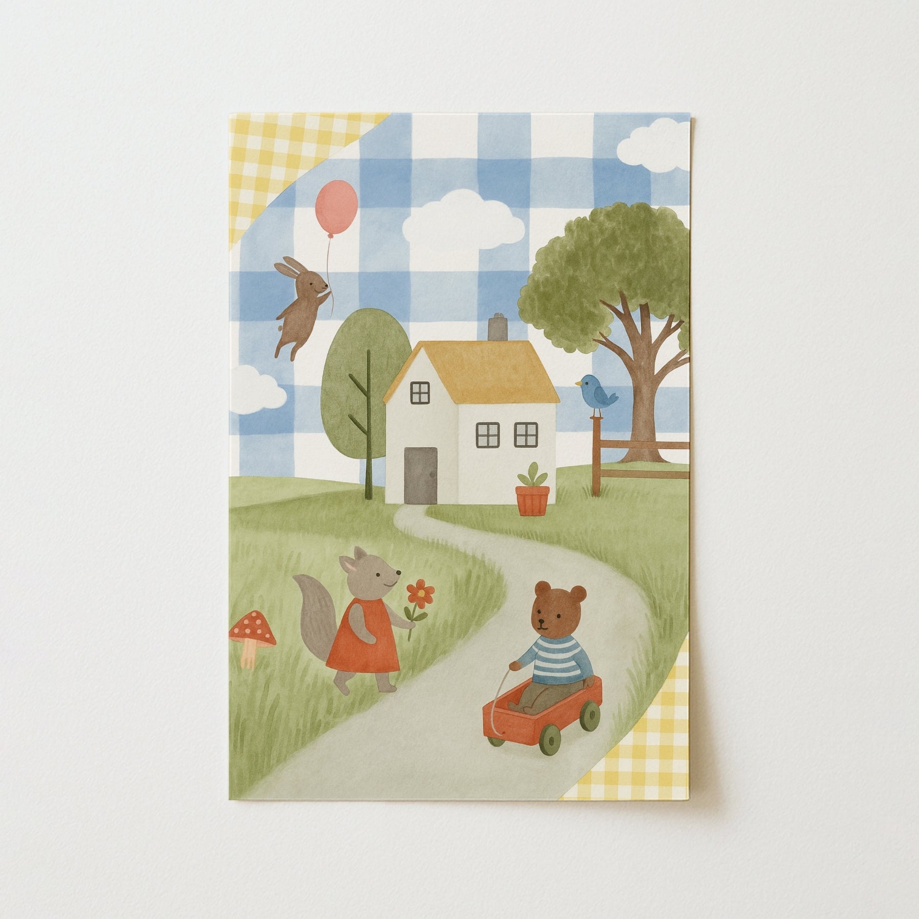 Whimsical Animal Village Nursery Print - Cute Bear and Bunny Kids Wall Art