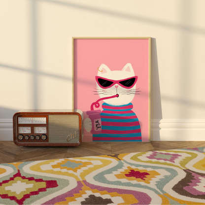 Cool Cat Wall Art – Funny Pink Cat Print