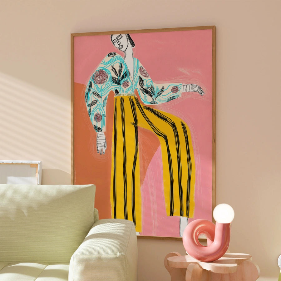 Striped Energy Boho Wall Art – Expressive Fashion Illustration