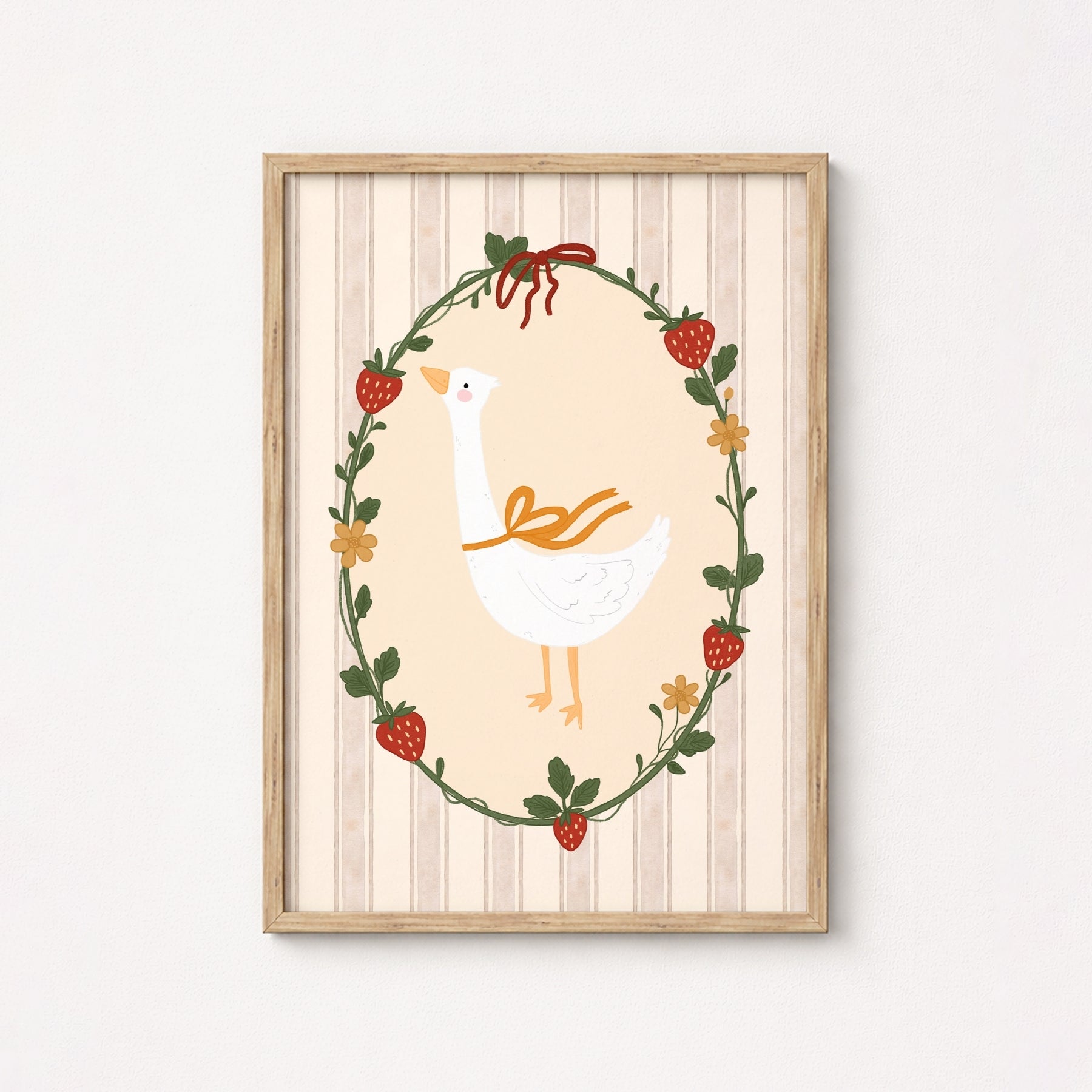 Arte de Pared Ganso y Fresa - Lámina Cottagecore para Guardería