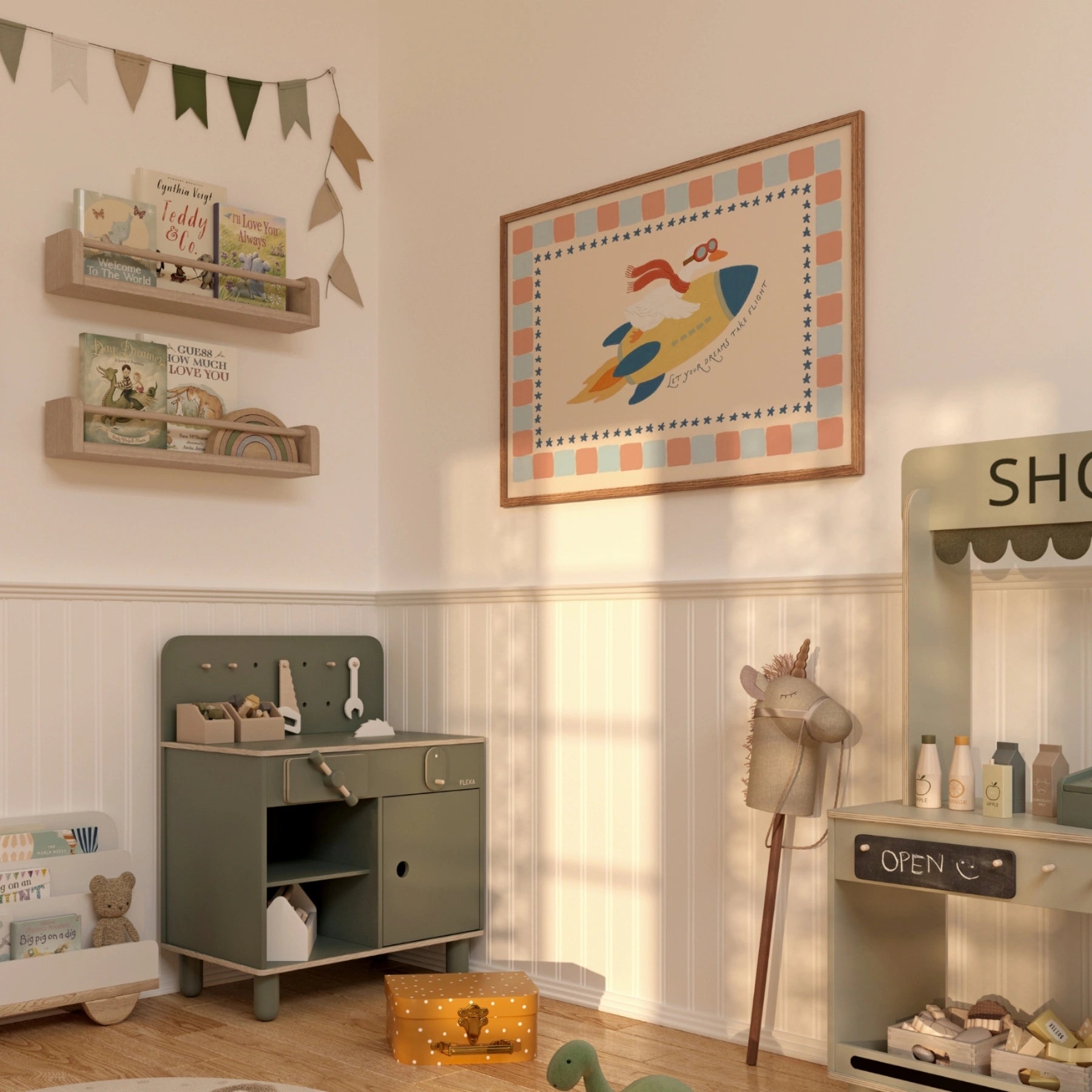 Stampa con coniglietto su razzo