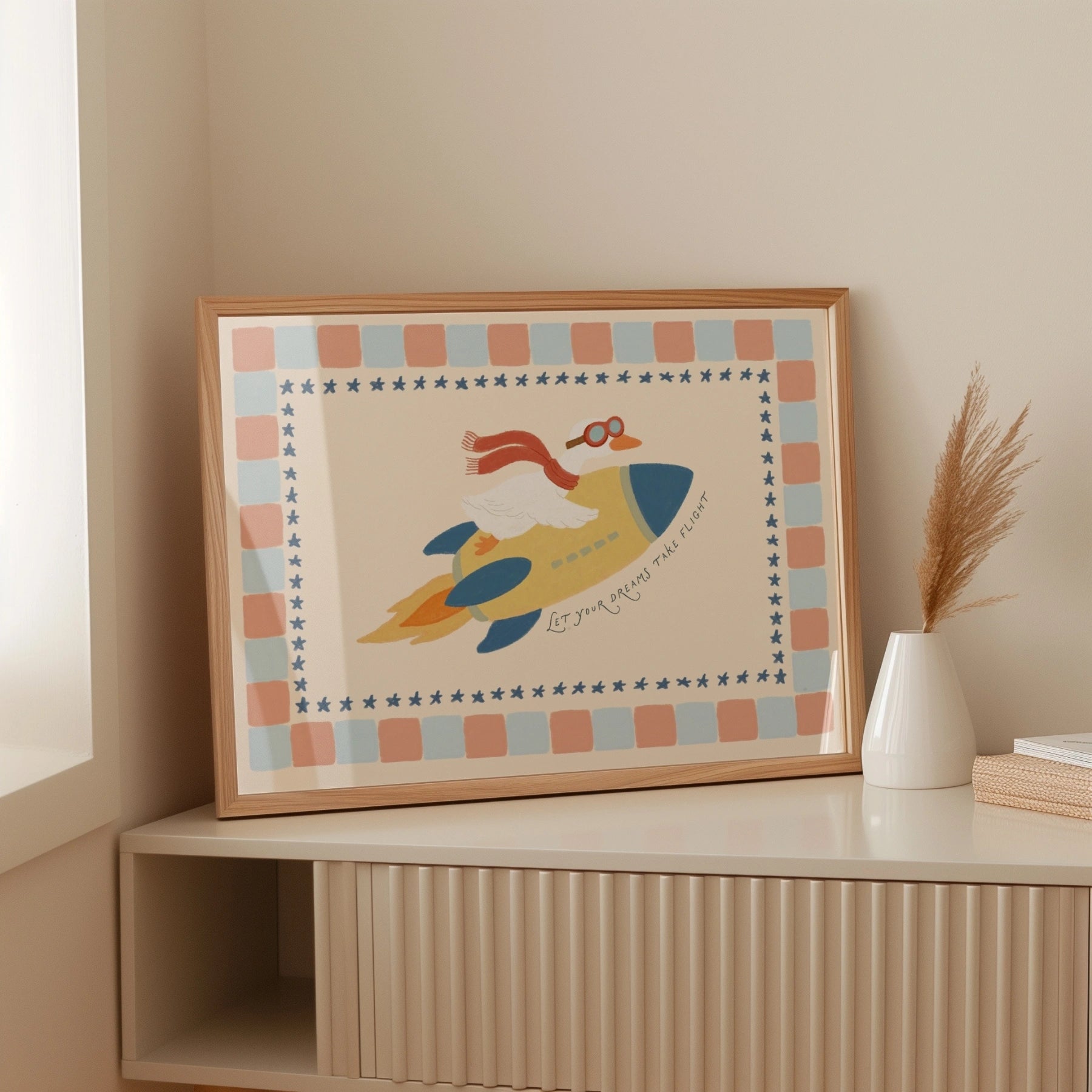 Stampa con coniglietto su razzo