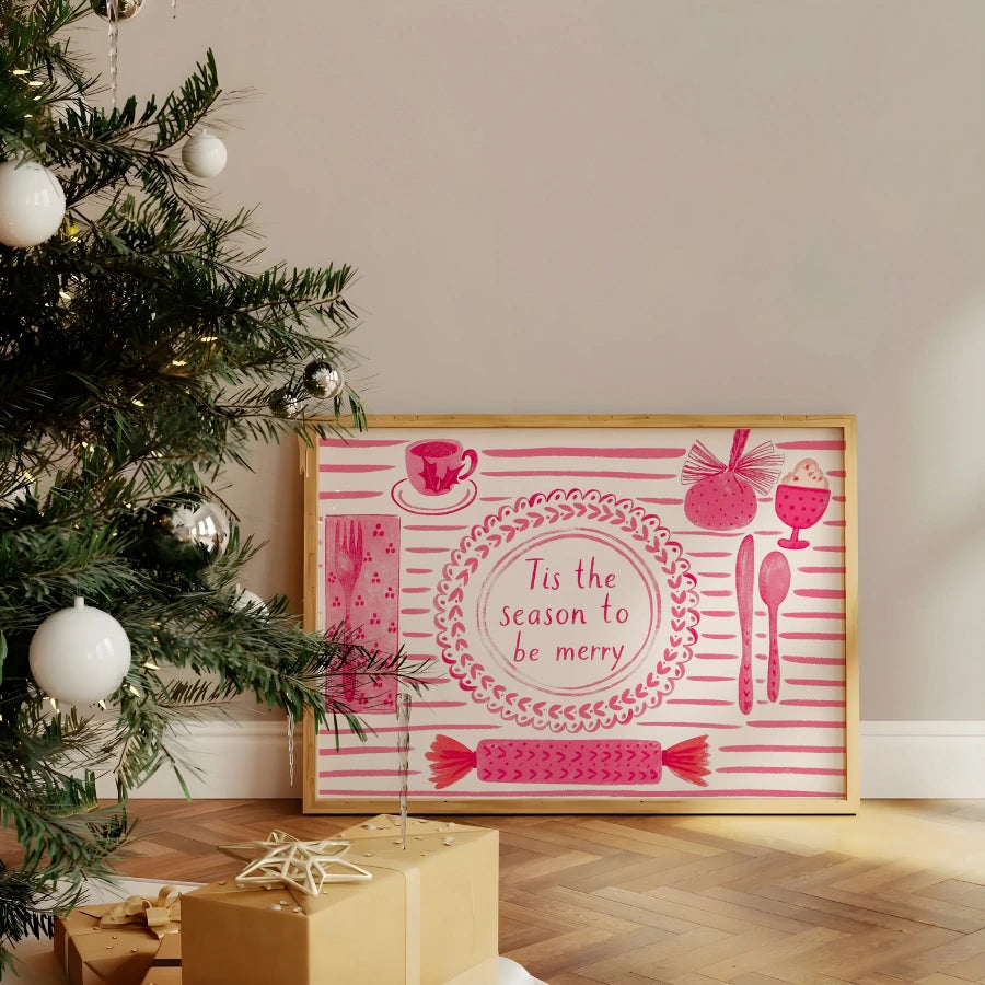 ’Tis the Season to Be Merry Print - Pink Christmas Kitchen Art