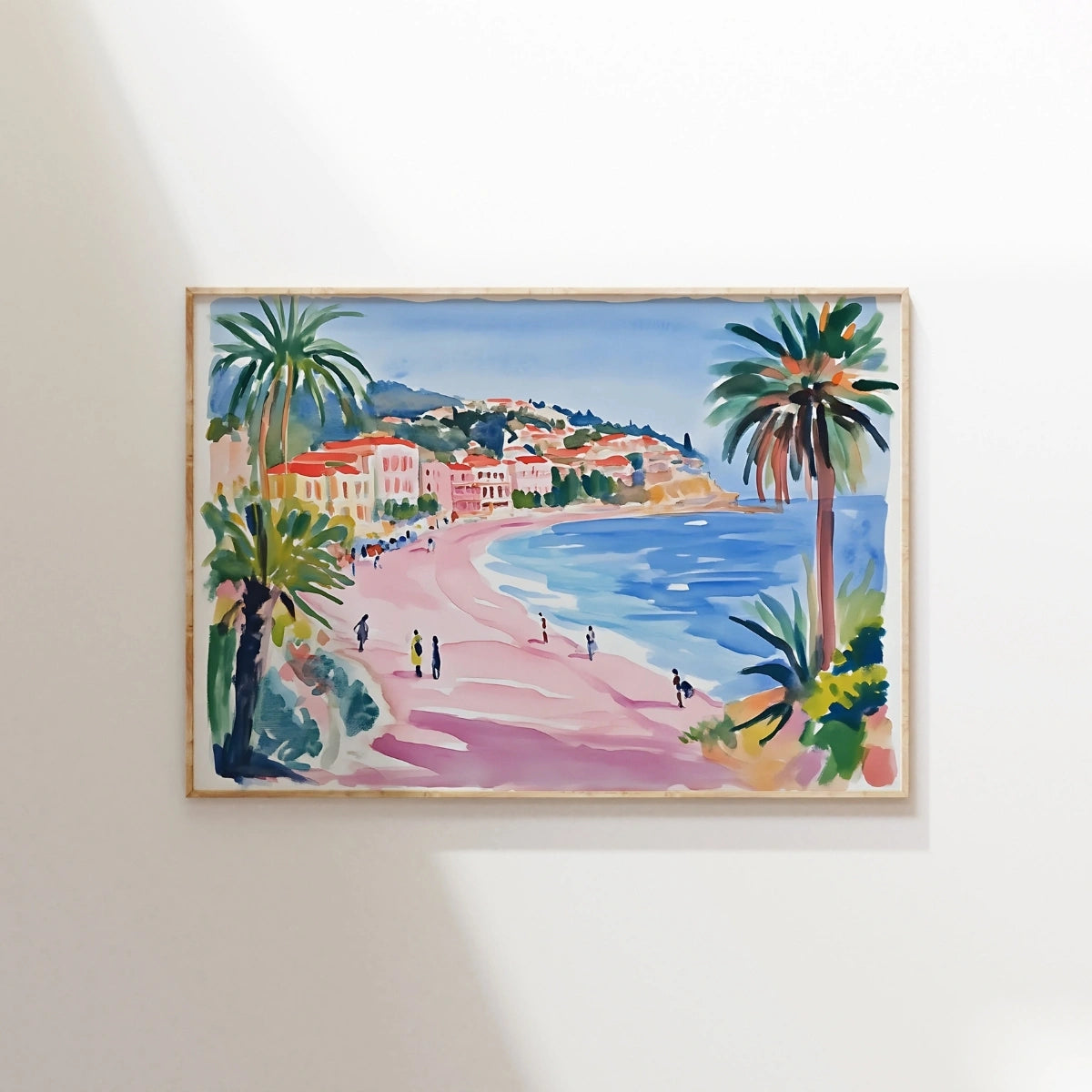 Art mural plage méditerranéenne – Impression ville côtière colorée, Décoration murale côtière
