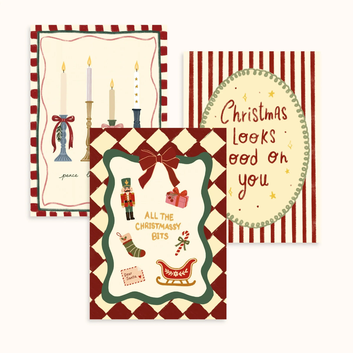 Frases navideñas e ilustraciones festivas vintage – Set de 3 pósters navideños