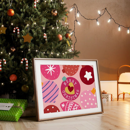 Merry Christmas Ornament Print - Colorful Pink Holiday Wall Art