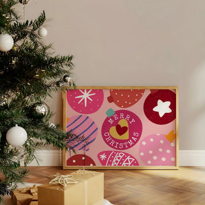 Merry Christmas Ornament Print - Colorful Pink Holiday Wall Art