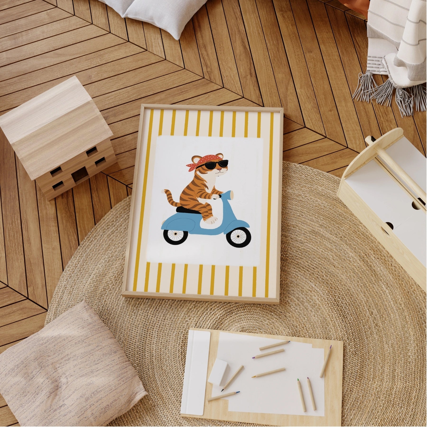 Stampa da parete per cameretta con tigre sullo scooter