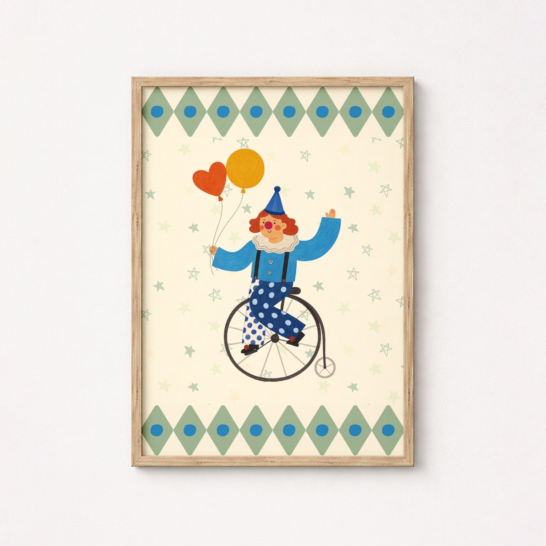 Circus Clown Nursery Print - Unicycle and Balloons Wall Art