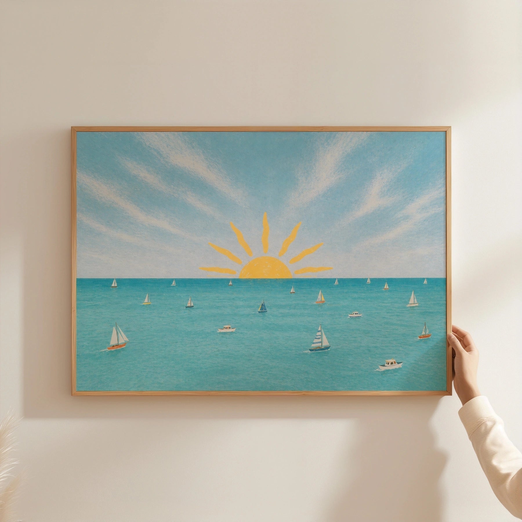 Arte murale costiera di barca al tramonto