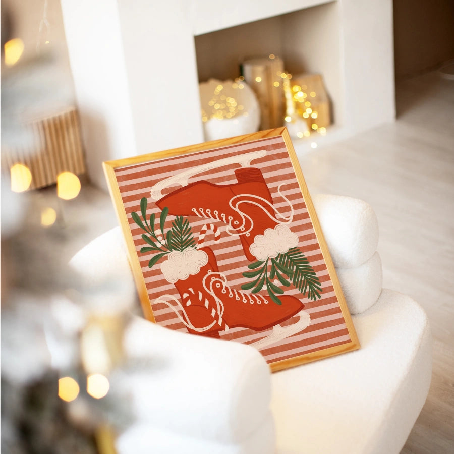 Vintage Ice Skates Wall Art – Red Christmas Skating Print