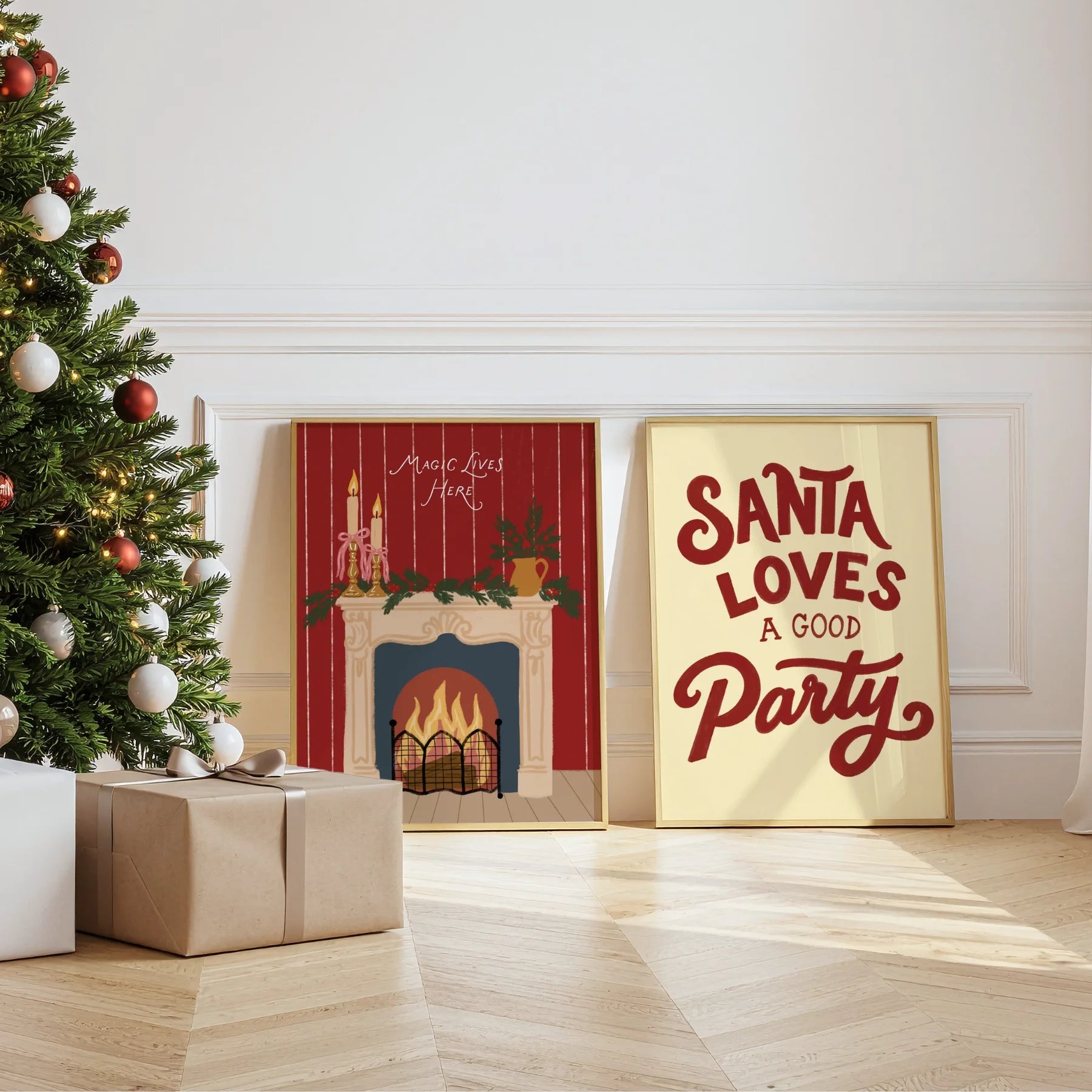 Cheminée de Noël et fête du Père Noël vintage – Lot de 2 affiches de Noël