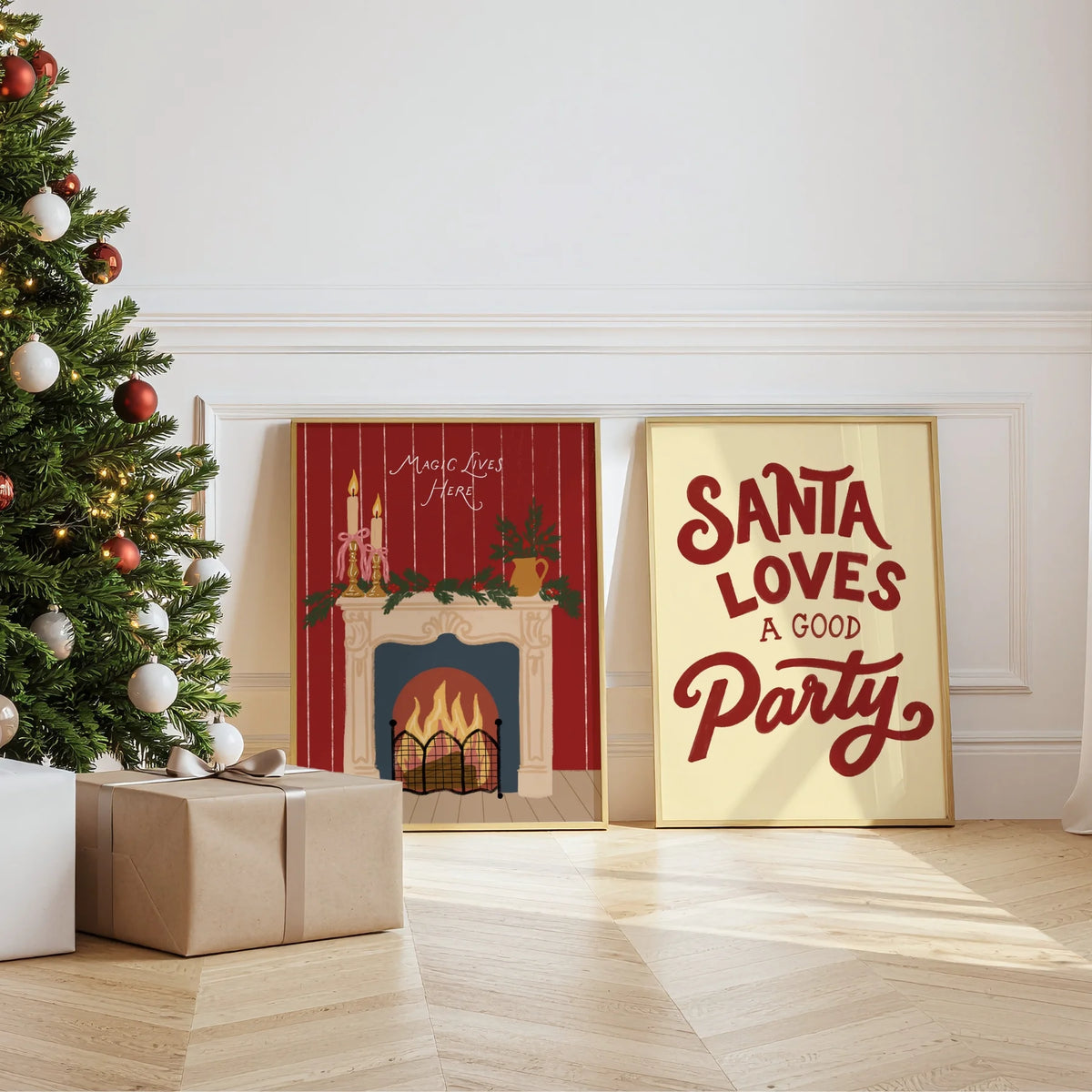 Chimenea navideña y fiesta de Papá Noel vintage – Set de 2 pósters navideños