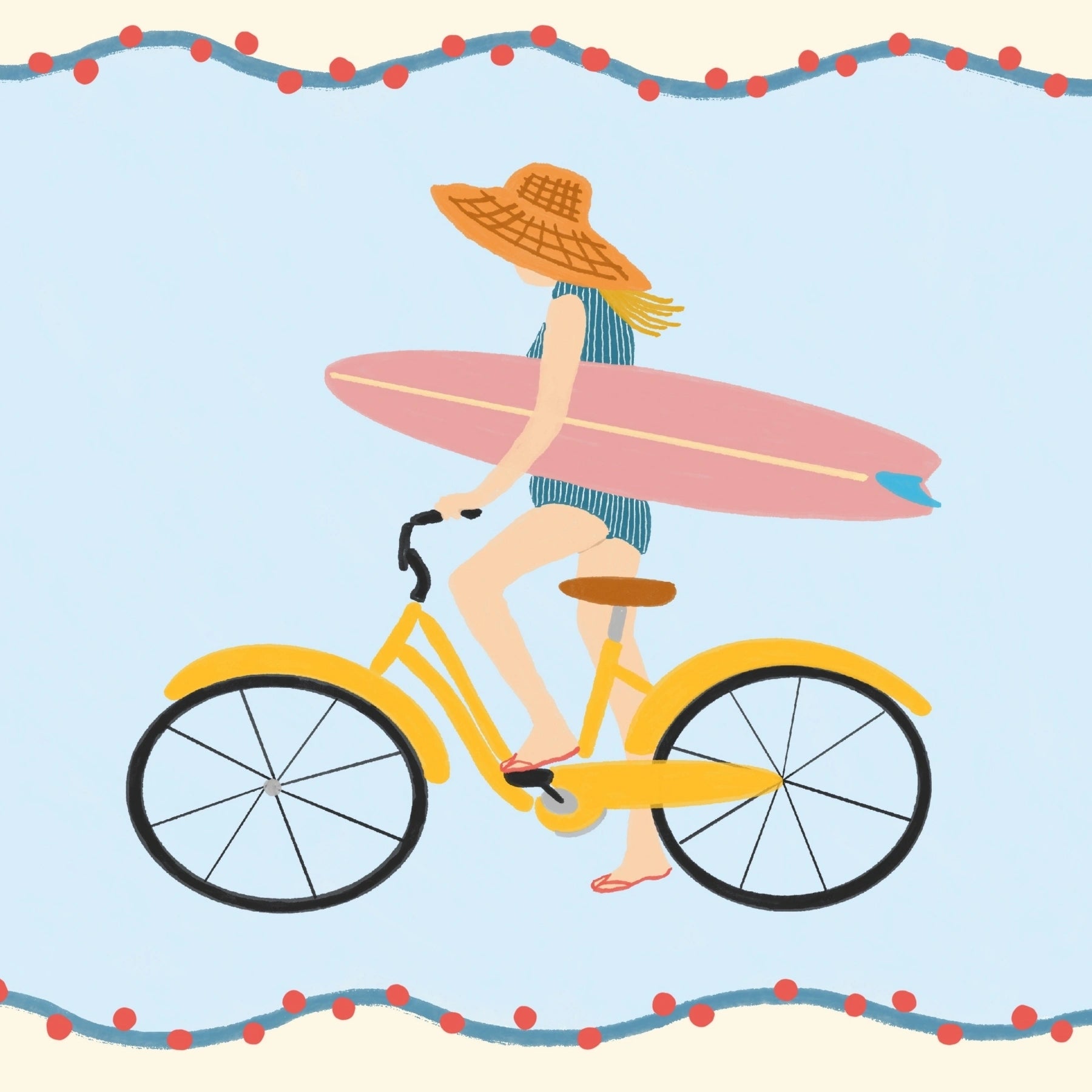 Arte De Pared De Chica Surfista En Bicicleta De Playa