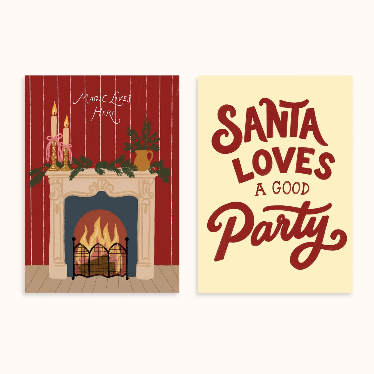 Chimenea navideña y fiesta de Papá Noel vintage – Set de 2 pósters navideños