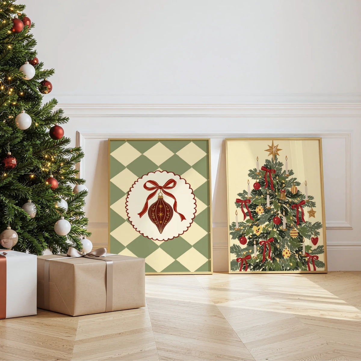 Árbol de Navidad y adorno vintage – Set de 2 pósters navideños