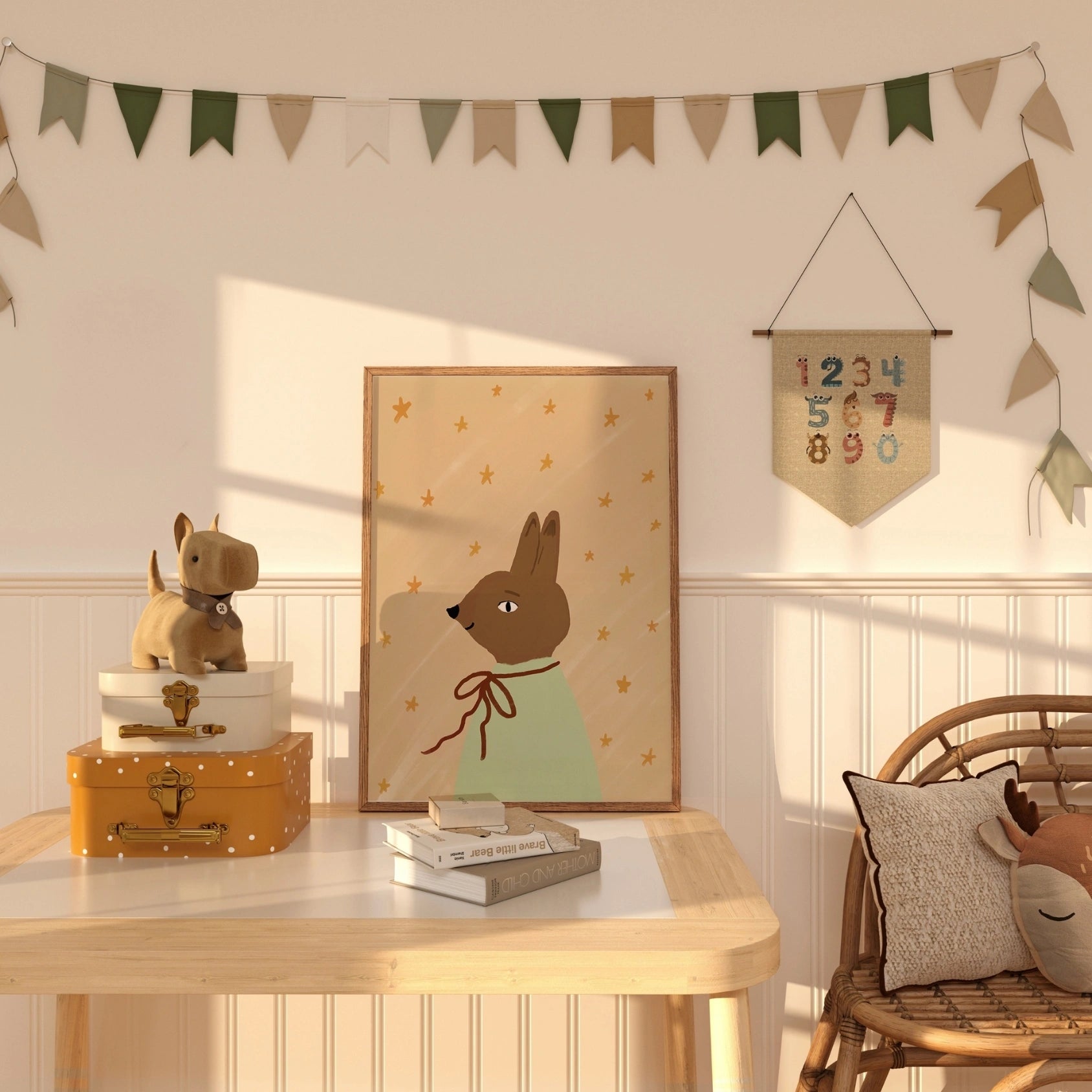 Stampa vintage per cameretta dei bambini con coniglietto