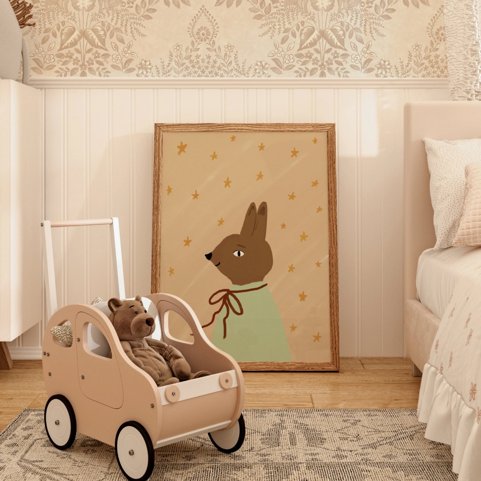 Stampa vintage per cameretta dei bambini con coniglietto