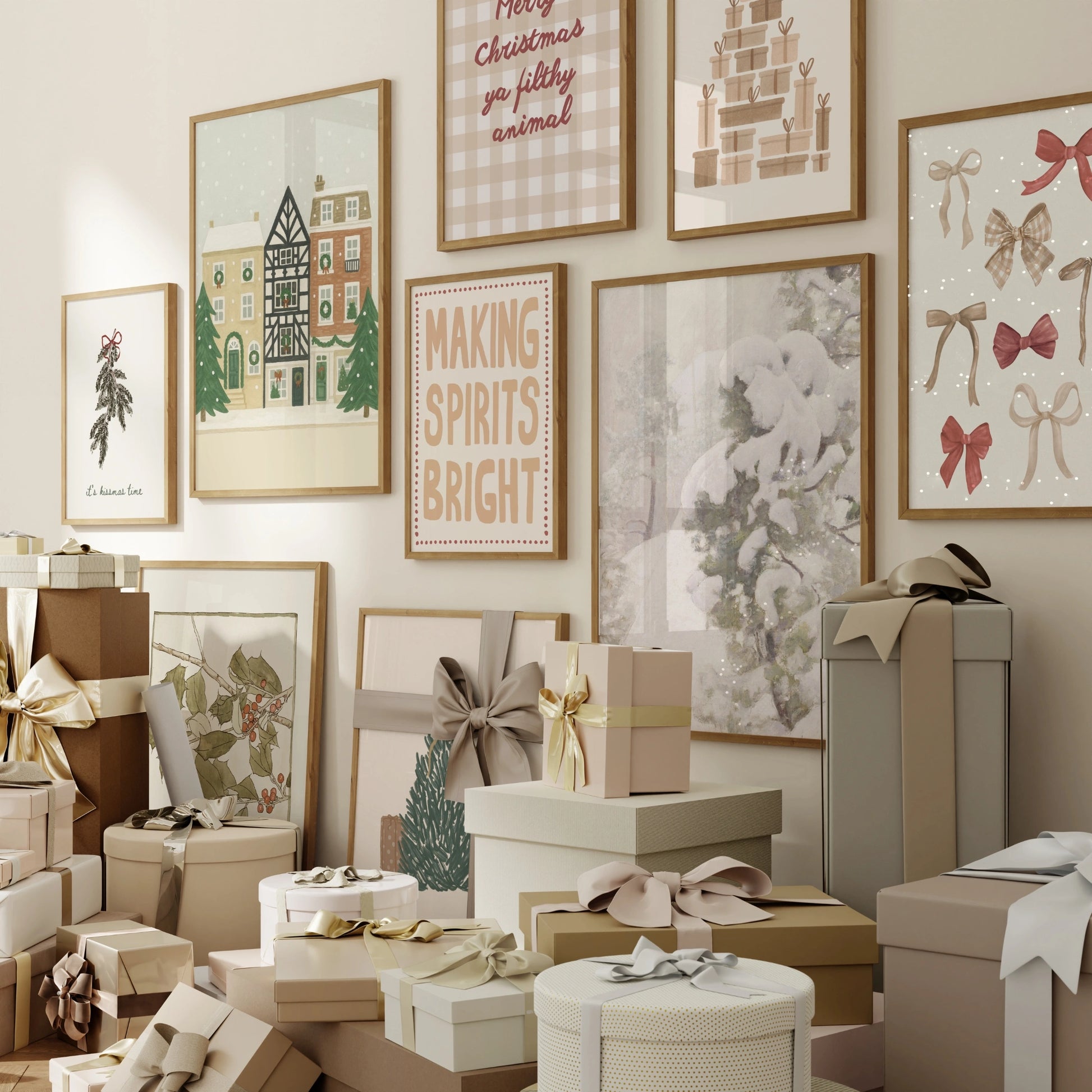 Set di 16 stampe natalizie neutre disegnate a mano