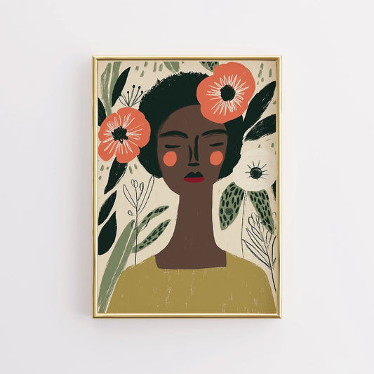 Floral Woman Wall Art – Peaceful Female Portrait