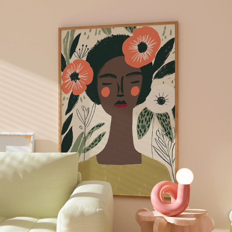 Floral Woman Wall Art – Peaceful Female Portrait