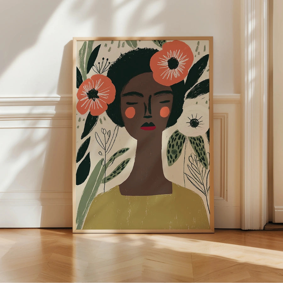 Floral Woman Wall Art – Peaceful Female Portrait