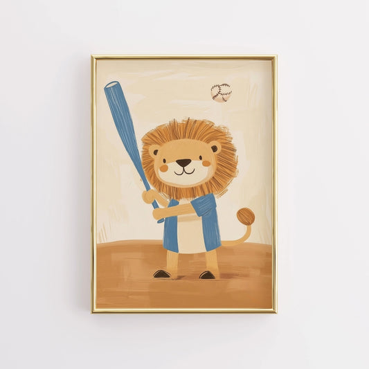 Baseball Lion Wall Art – Sports Animal Print for Boys Room