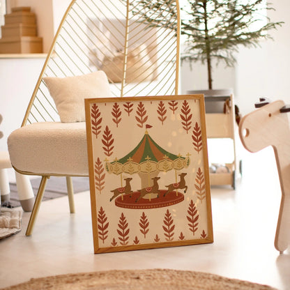 Christmas Carousel Wall Art – Festive Reindeer Ride Illustration