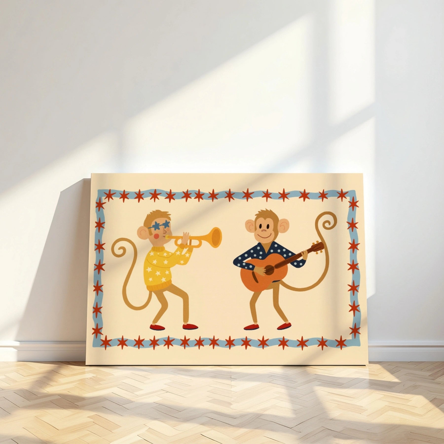 Stampa su tela per cameretta dei bambini con scimmiette musicali 